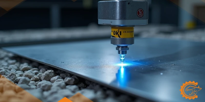 نمای نزدیک از دستگاه برش لیزری که با دقت میکرومتری لبه‌های فلزی را با حداقل ضایعات برش می‌دهد.